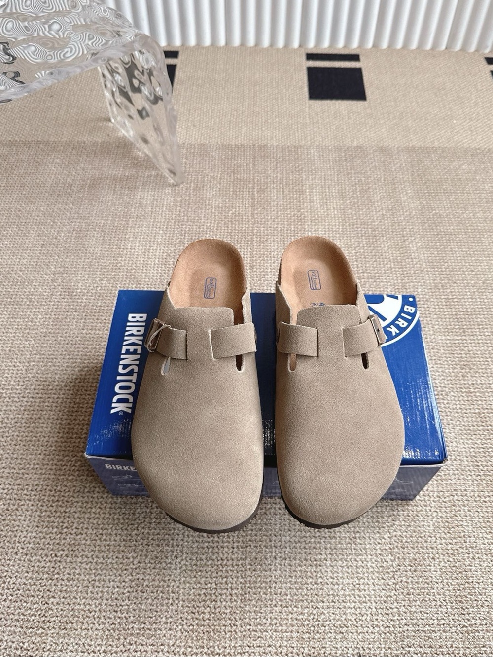 Birkenstock Boston taupe suede mule clogs